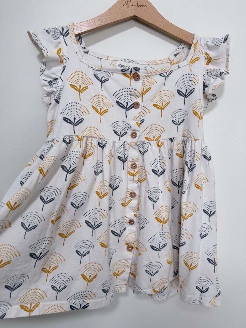 Poppet & Fox Floral Dress Size 4 White Yellow Gray Button Front Ruffle